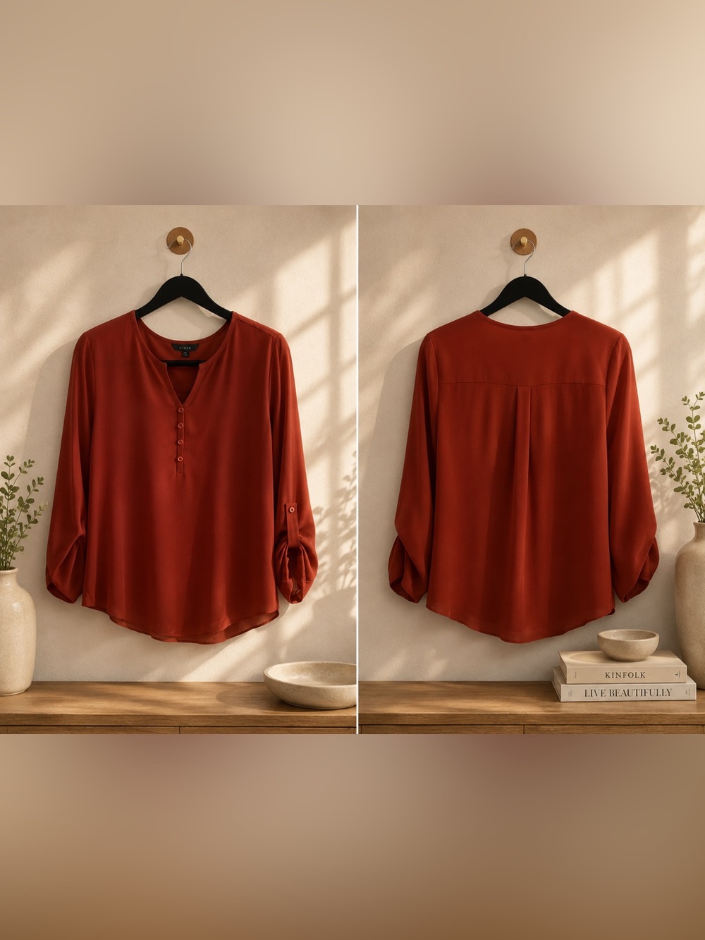 Women's Rust Long-Sleeve Henley Blouse